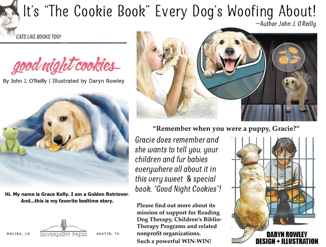 Advertisement for 'Good Night Cookies' book featuring a golden retriever and text about the book's mission.